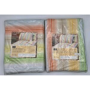 2 Set Vtg Sears Bon Bon‎ Stripe Twin Flat & Fitted Sheet NOS Sealed Colorful
